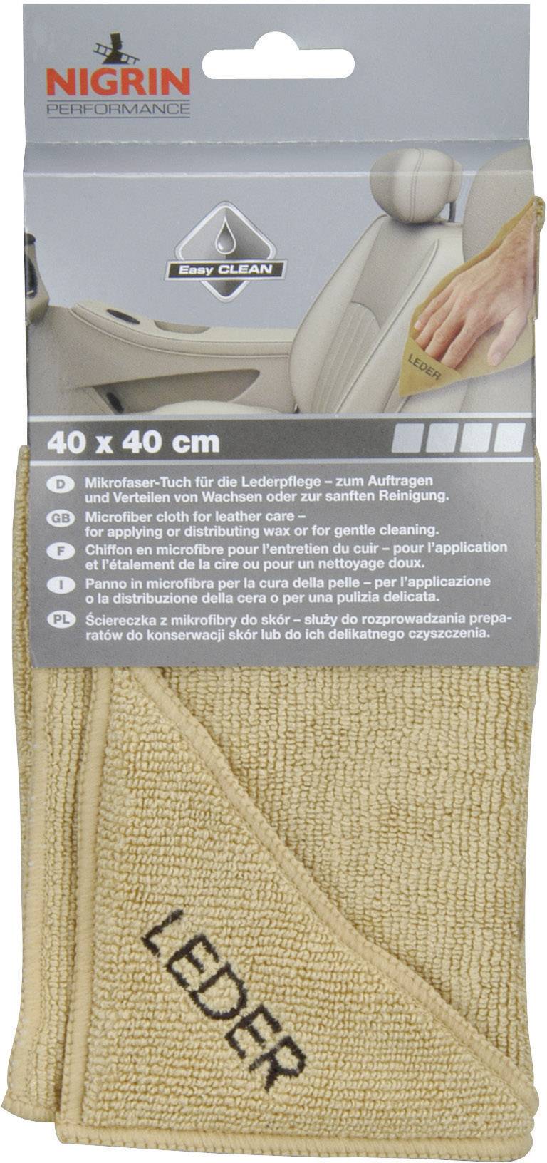 Mikrofasertuch mit Aufschrift 'Leder' für die Pflege und Reinigung von Lederoberflächen. Verpackung zeigt Anwendung auf Autositz.