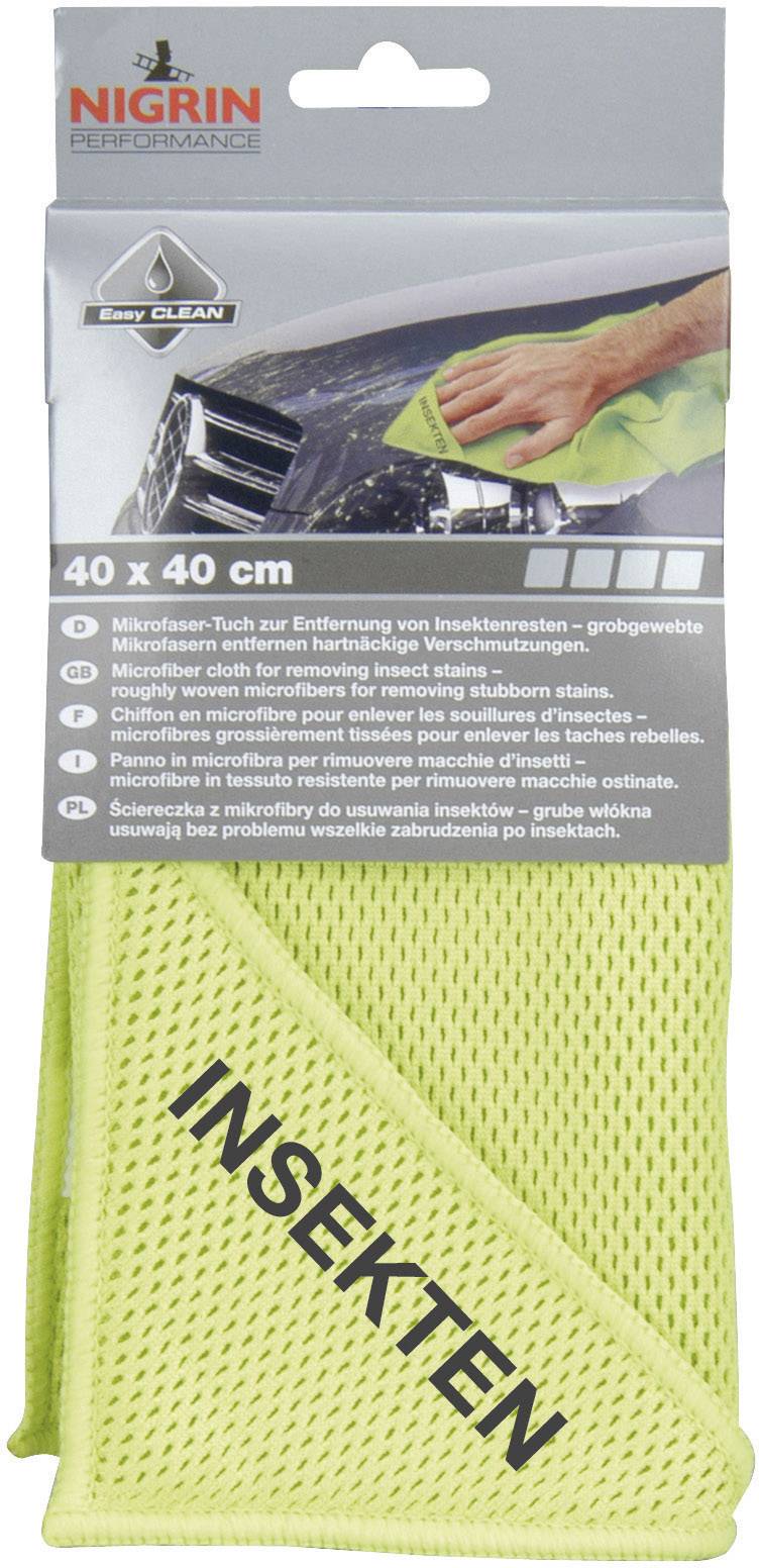 'Mikrofaser-Tuch zur Entfernung von Insektenresten' zeigt ein gelbes Tuch auf einer Auto-Abbildung. Markenname 'Nigrin', Größe 40x40 cm.
