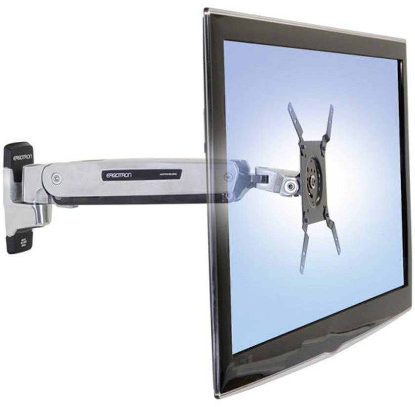Monitor an verstellbarer Wandhalterung. Die Halterung ermöglicht flexible Ausrichtung und Positionierung des Monitors.