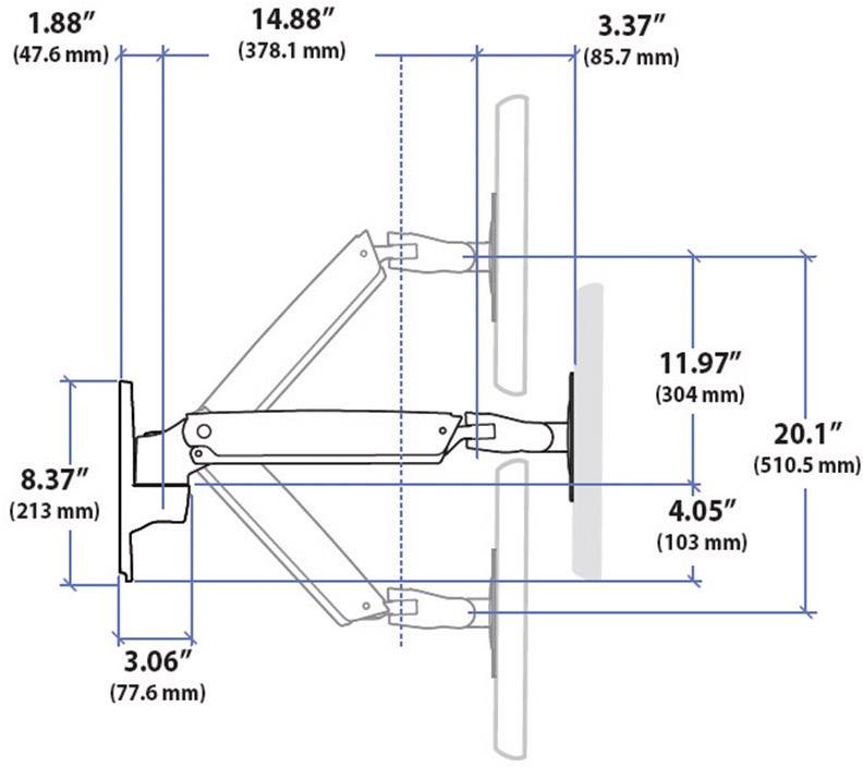 Technische Zeichnung eines verstellbaren Monitorarms. Maße sind in Zoll und Millimeter angegeben, z.B. Länge: 14,88 in (378,1 mm).