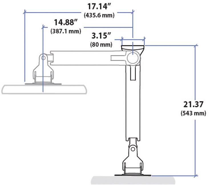 Abbildung zeigt Maße eines verstellbaren Monitorarms: Länge 43,6 cm, Breite 38,7 cm, Tiefe 80 mm, Höhe 54,3 cm.