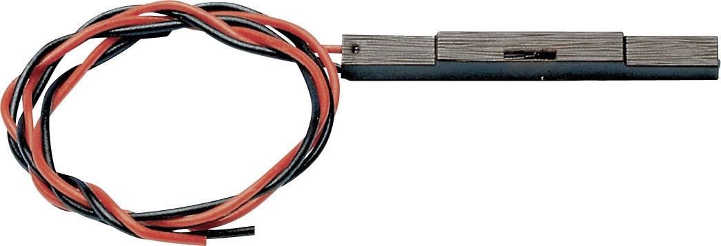 Ein Kabel mit roten und schwarzen Drähten, das mit einem rechteckigen, flachen Sensor verbunden ist. Geeignet für mechanische Anwendungen.