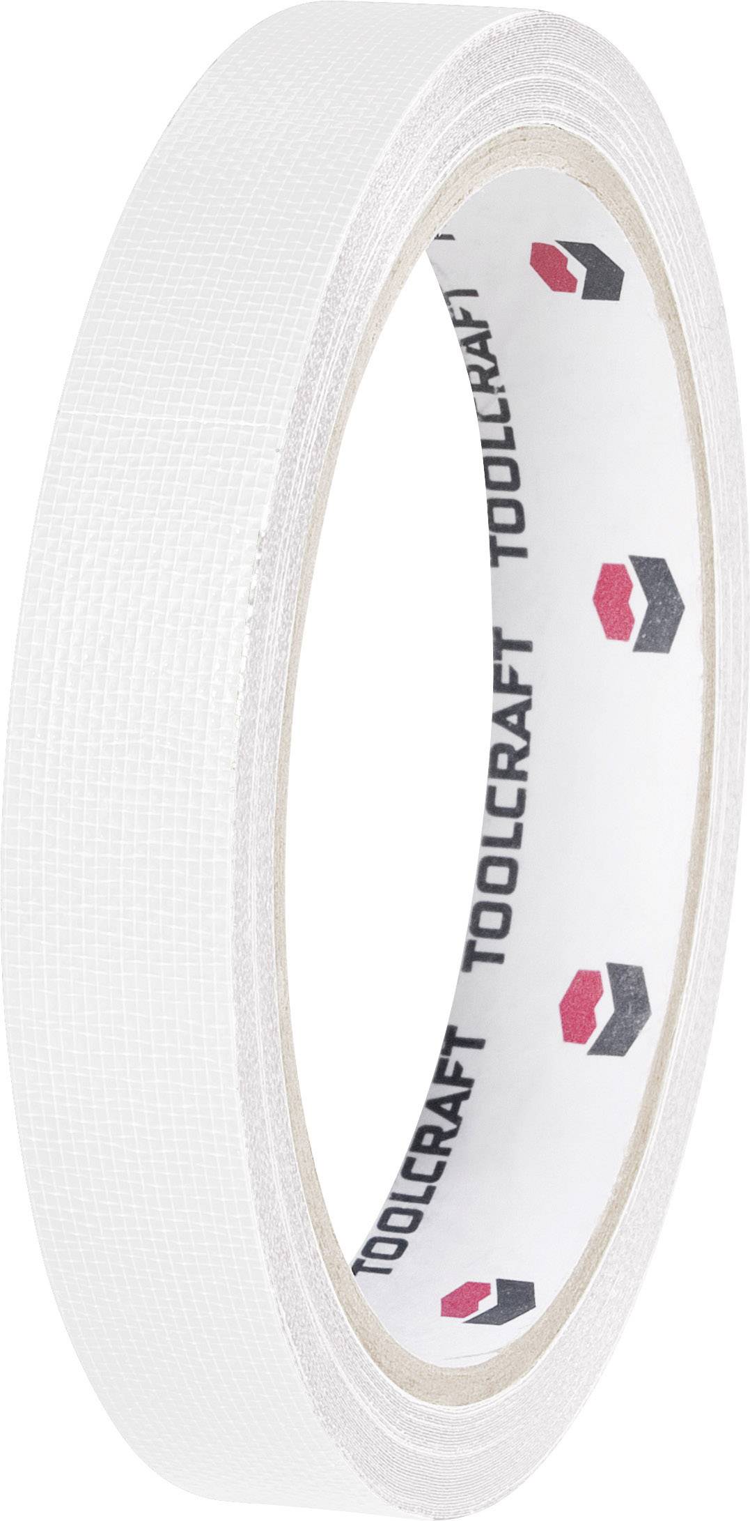 Ein weißes, dünnes Klebeband von Toolcraft, auf einer Rolle, mit Text 
