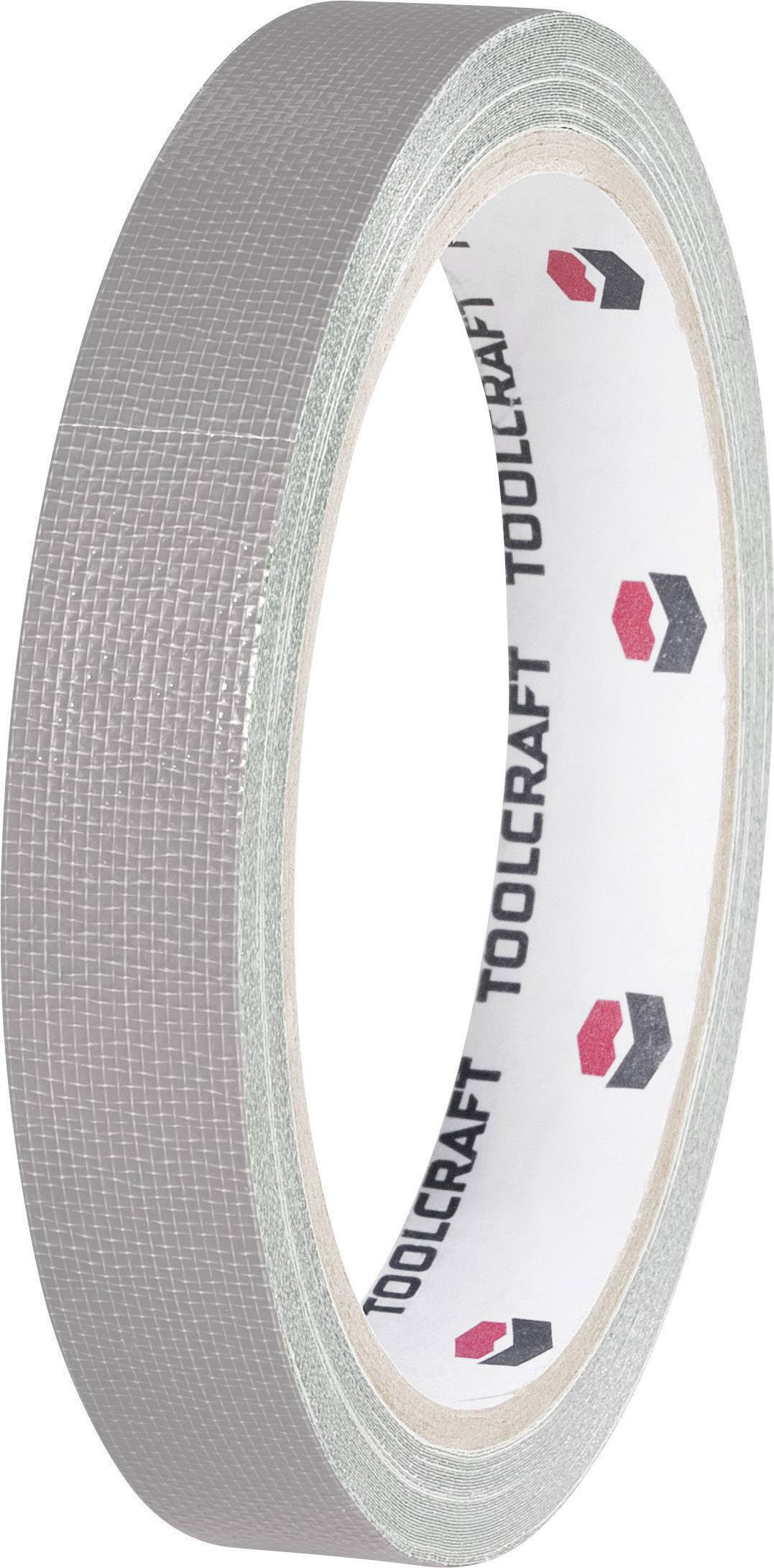 Graues Gewebeklebeband mit der Aufschrift 'Toolcraft' innen auf der Rolle, geeignet zum Abdichten und Reparieren.