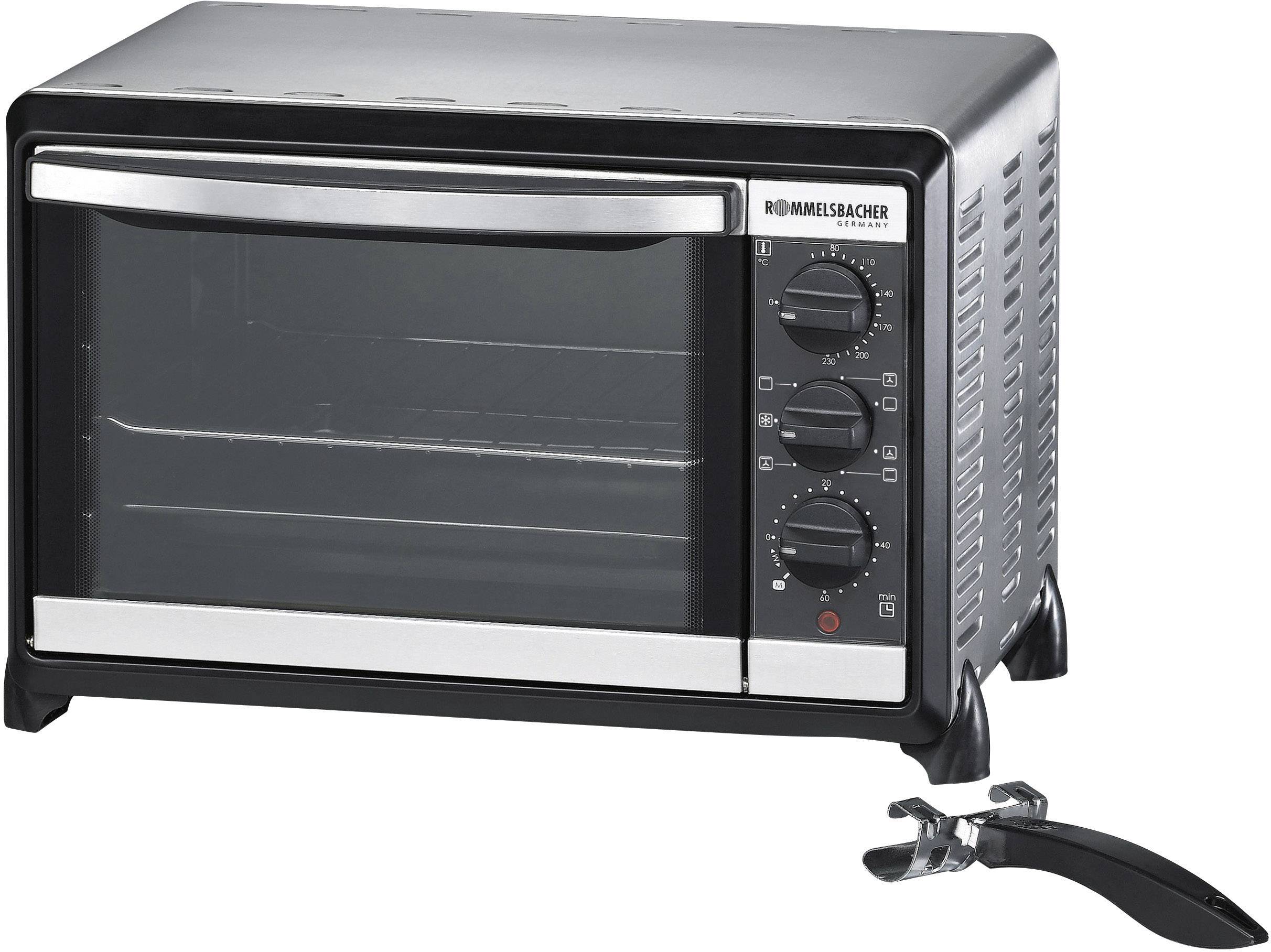 Schwarzer Mini-Backofen mit Glastür und drei Bedienknöpfen auf der rechten Seite. Abnehmbarer Griff liegt davor.