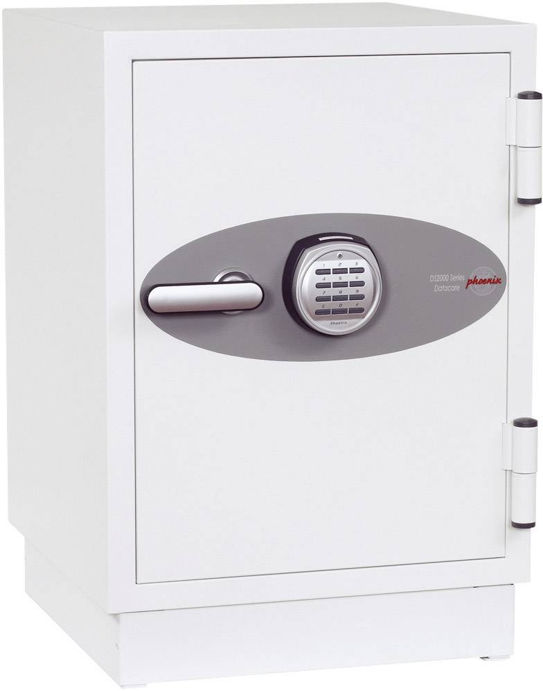 Ein weißer Tresor mit digitalem Zahlenschloss und Griff. Der Tresor steht aufrecht und ist verschlossen.