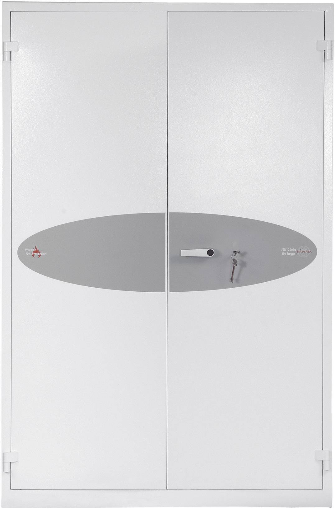 Ein weißer zweiflügeliger Schrank mit einem grauen Mittelteil und einem Griff an der rechten Tür. Eine rotierende Vorrichtung ist sichtbar.