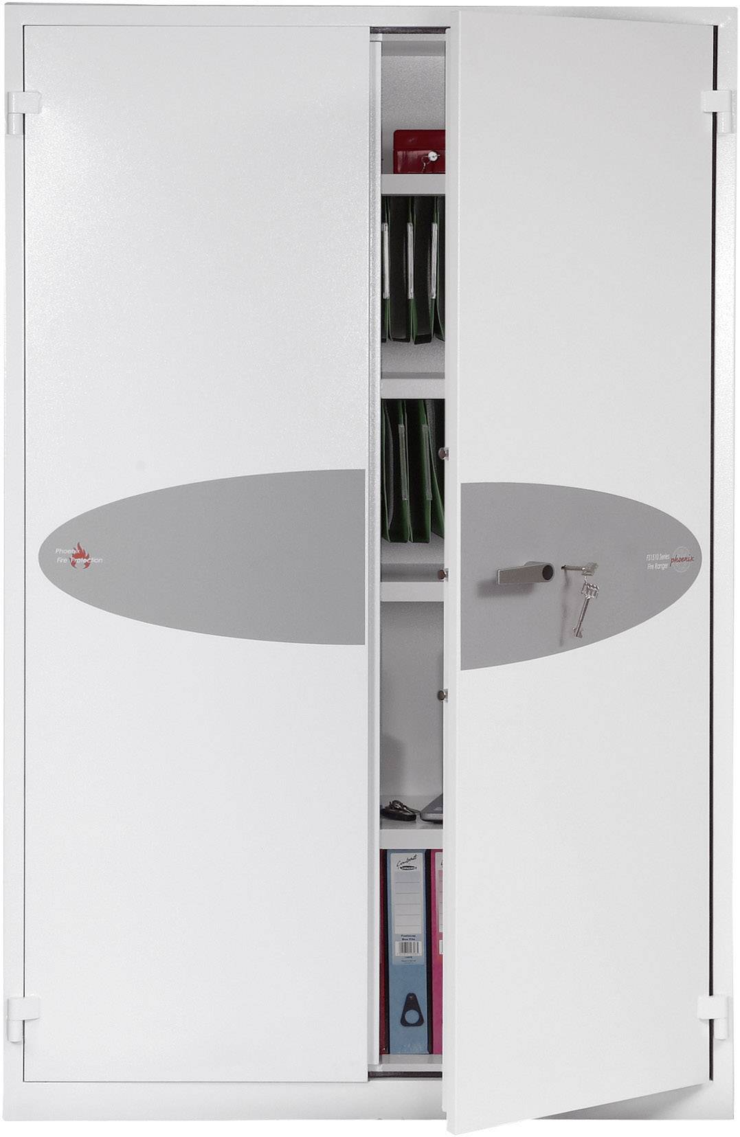 Ein halb geöffneter weißer Aktenschrank mit mehreren Fächern, in denen Ordner und ein rotes Objekt gelagert werden.