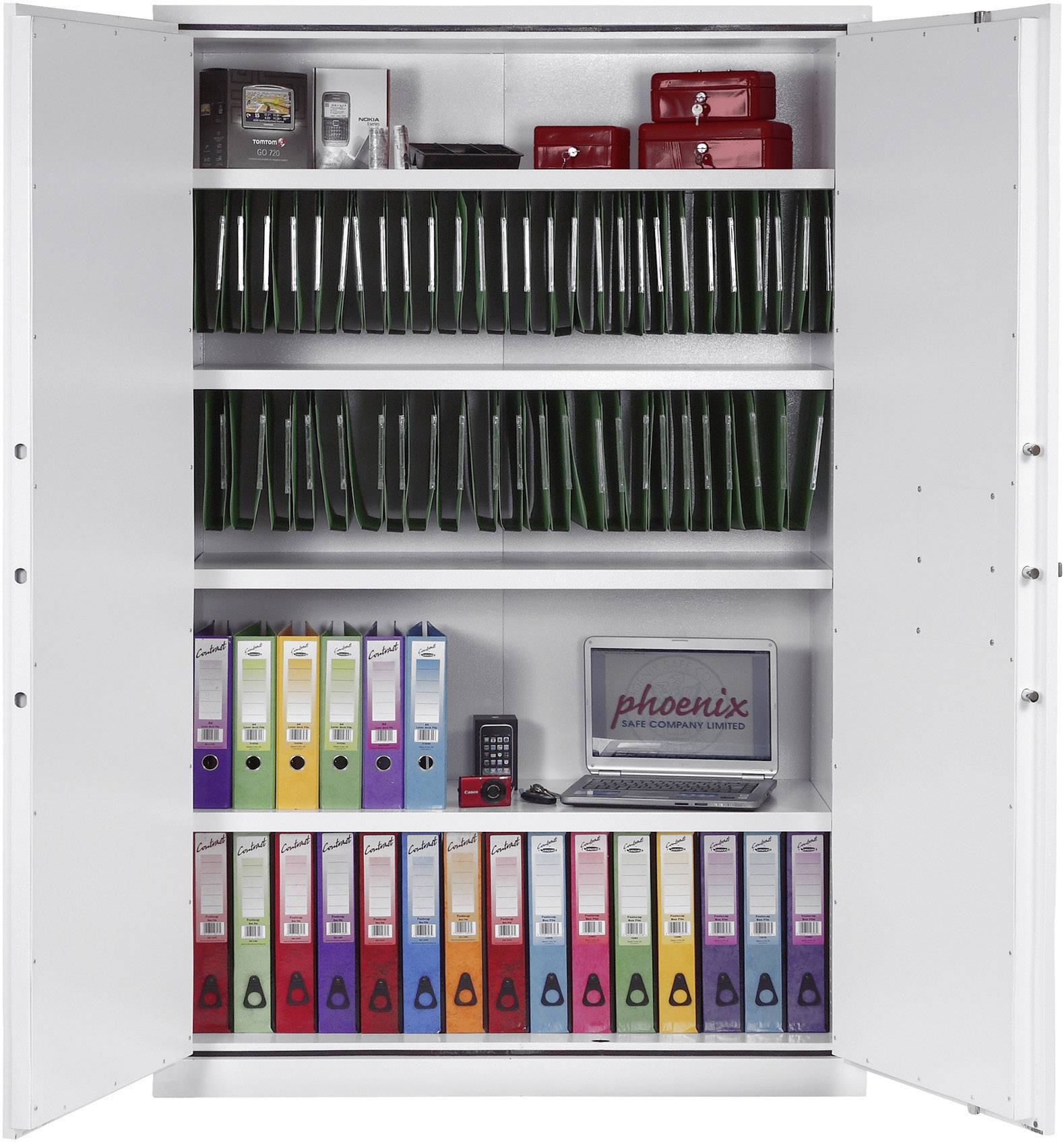 Ein geöffneter Aktenschrank zeigt ordentliche Ablagen mit Dokumenten in Ordnern, roten Behältern und digitalem Zubehör.