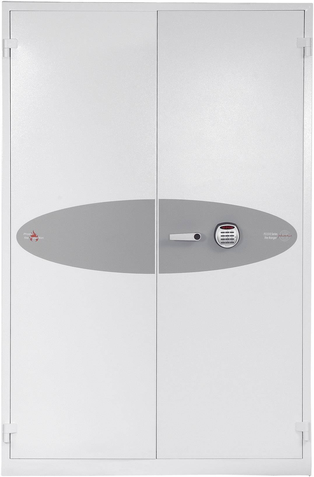 Großer, zweiflügeliger Metallschrank mit elektronischem Zahlenschloss. Schlichtes Design in Weiß und Grau.