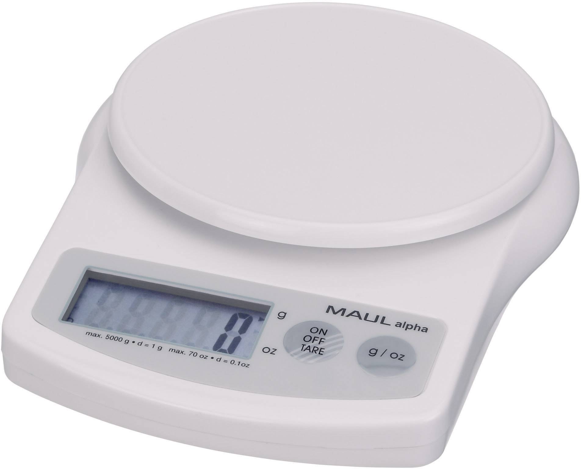 Eine weiße Digitalwaage mit LCD-Anzeige, zeigt '0' Gramm an. Tasten: On/Off, Tare, g/oz. Marke: MAUL Alpha.