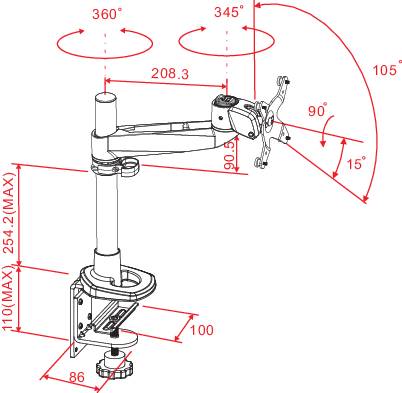 Technische Zeichnung eines Monitorarms mit Maßen: Rotationswinkel von 360° und 345°, Neigungswinkel 80° bis 15°, Höhe 100-254 mm.