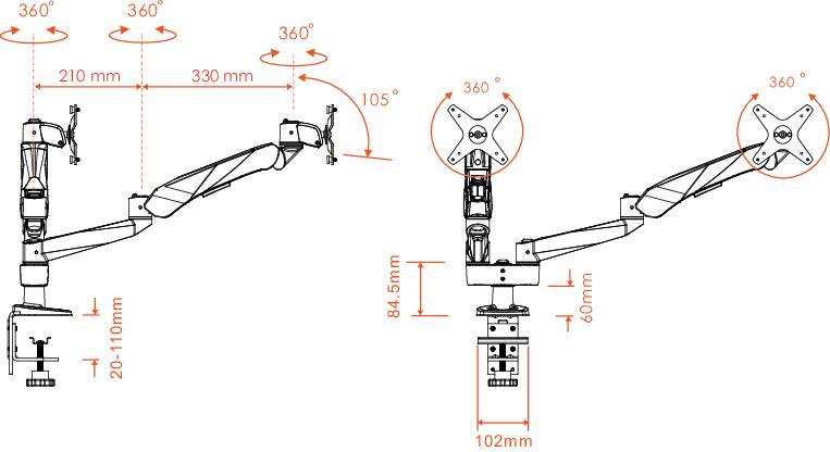 Illustration eines Monitorarms mit Maßen: 210-330 mm Länge, 105° Neigung, 360° Drehung. Höhe: 20-400 mm. Geeignet für verschiedene Monitorpositionen.