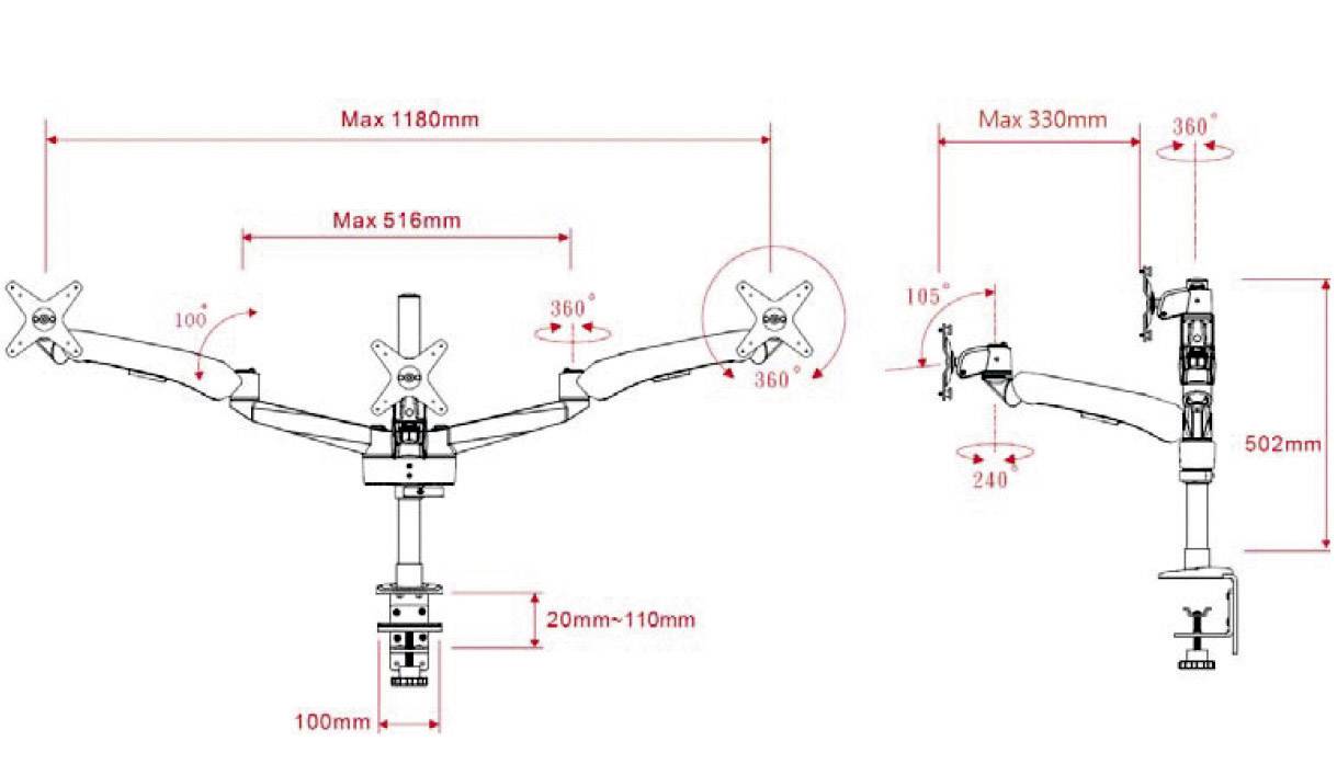 SpeaKa Professional SP-1624812 Flex 3fach Monitor-Tischhalterung 25,4cm (10") - 61,0cm (24") Höhenverstellbar, Neigbar
