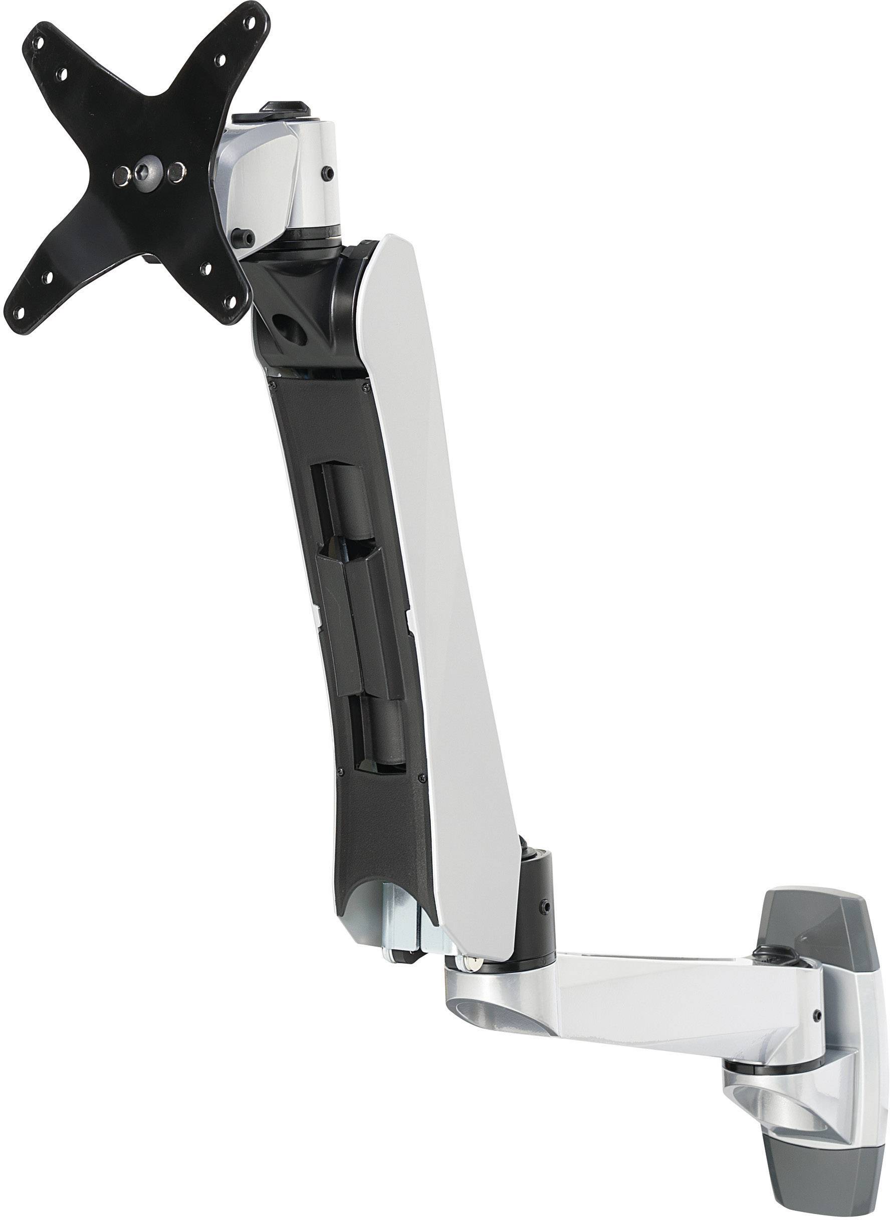 Ein Monitorarm in Silber und Schwarz zur Befestigung an der Wand, ermöglicht flexible Ausrichtung eines Monitors für ergonomisches Arbeiten.