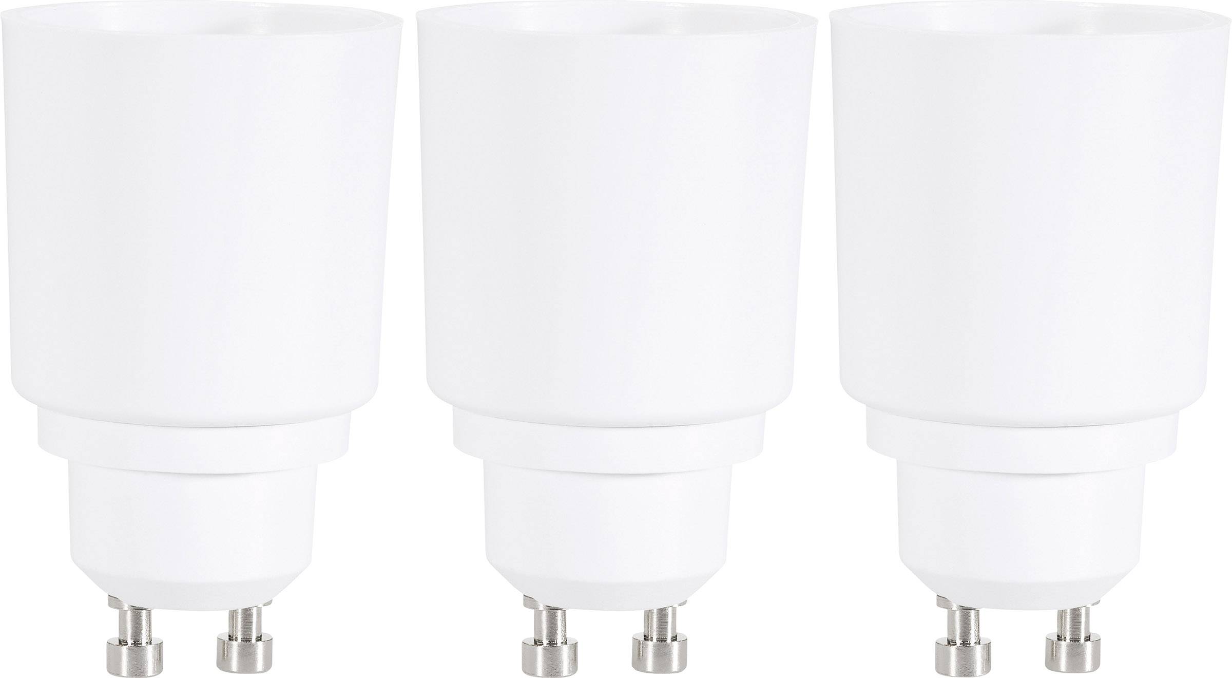 Drei weiße GU10-Glühbirnenadapter nebeneinander vor weißem Hintergrund.