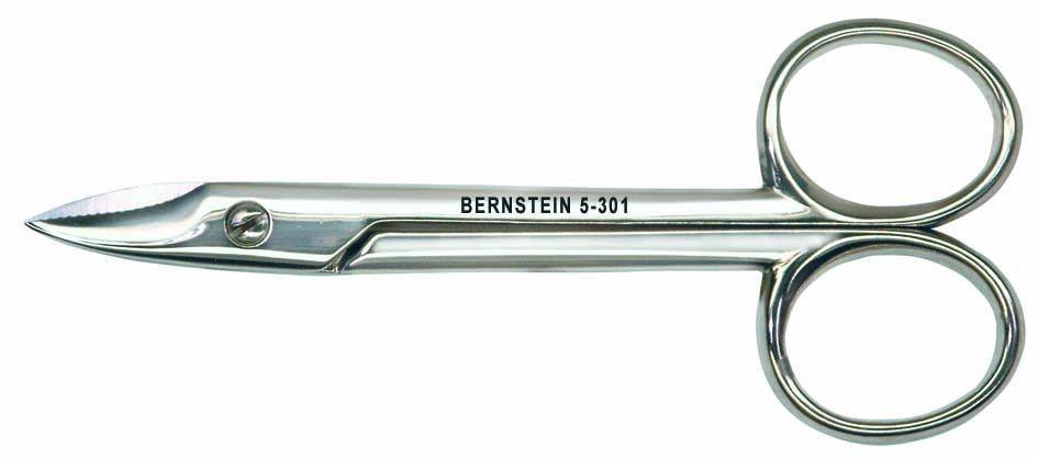Eine Silbermetallschere mit der Aufschrift 'BERNSTEIN 5-301' auf dem Griff.