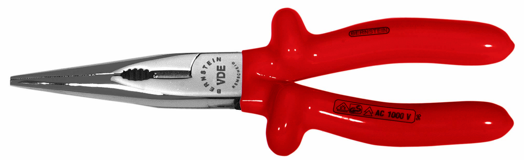 Eine rote, isolierte Spitzzange mit der Aufschrift 'VDE' auf der Metallklinge, geeignet für Arbeiten bis 1000 Volt.