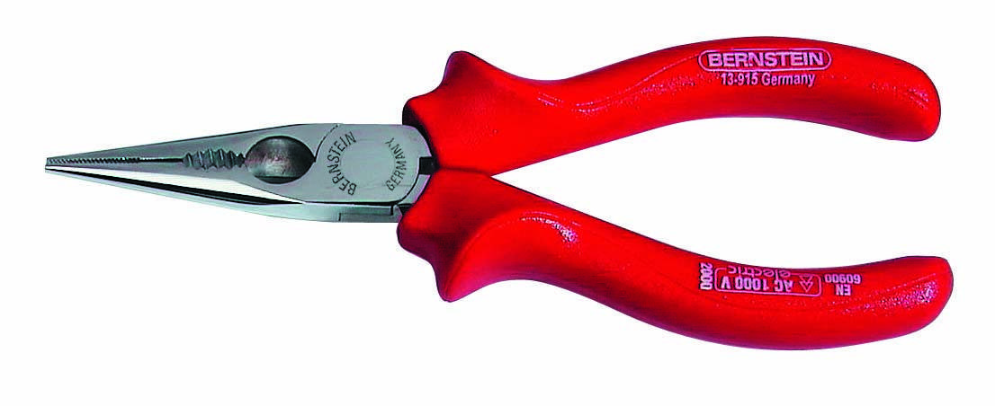 Rote Spitzzange mit Metallspitzen, Hersteller 'Bernstein', geeignet für präzise Arbeiten in der Elektronik oder Feinmechanik.