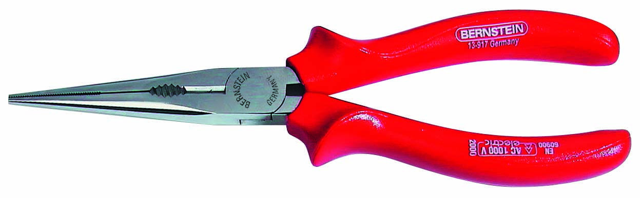 Eine rote Spitzzange mit einem Metallkopf, gebrandet mit 'Bernstein 3-601 Germany'. Geeignet für präzise Arbeiten im Elektronikbereich.