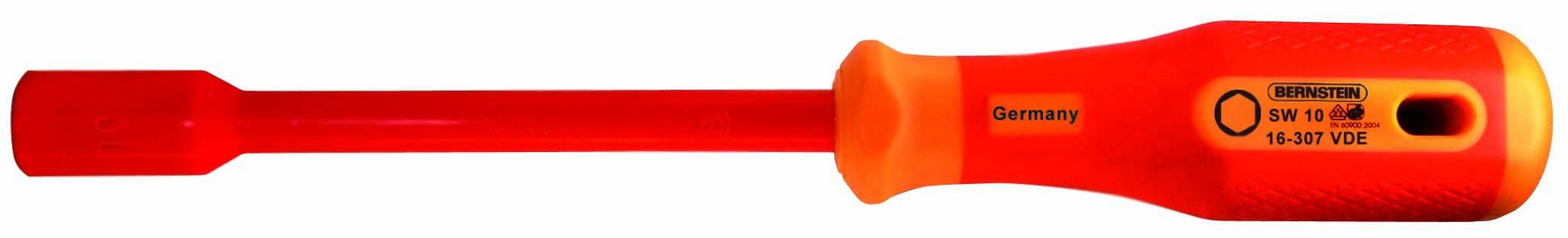 Ein roter Schraubendreher mit orangefarbenem Griff, markiert mit 'Germany' und '1000V', geeignet für Arbeiten unter Spannung bis 1000 Volt.