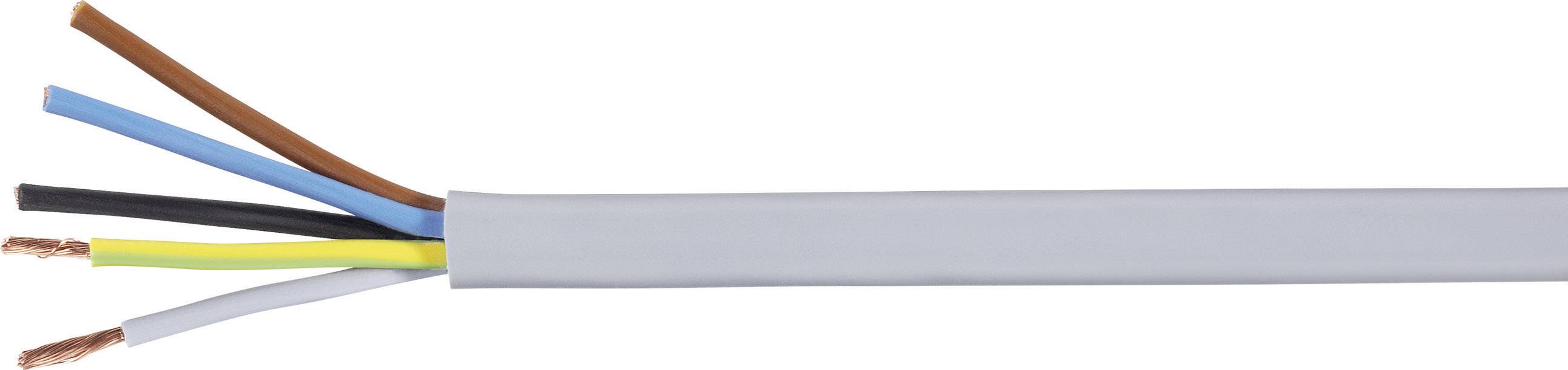 Ein offenes Stromkabel mit fünf unterschiedlich farbigen Drähten: braun, blau, schwarz, gelb-grün und grau.