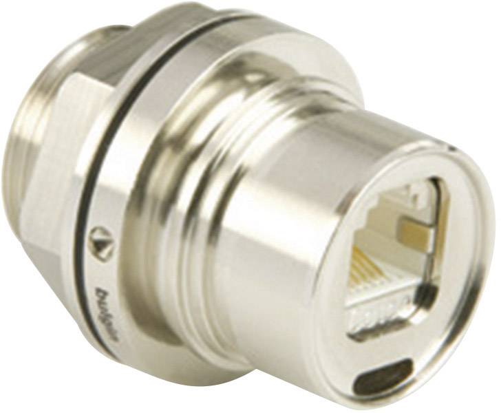 Ein silberner Kabelverbinder aus Metall mit Gewinde, geeignet zur Verwendung in industriellen oder elektrischen Anwendungen.