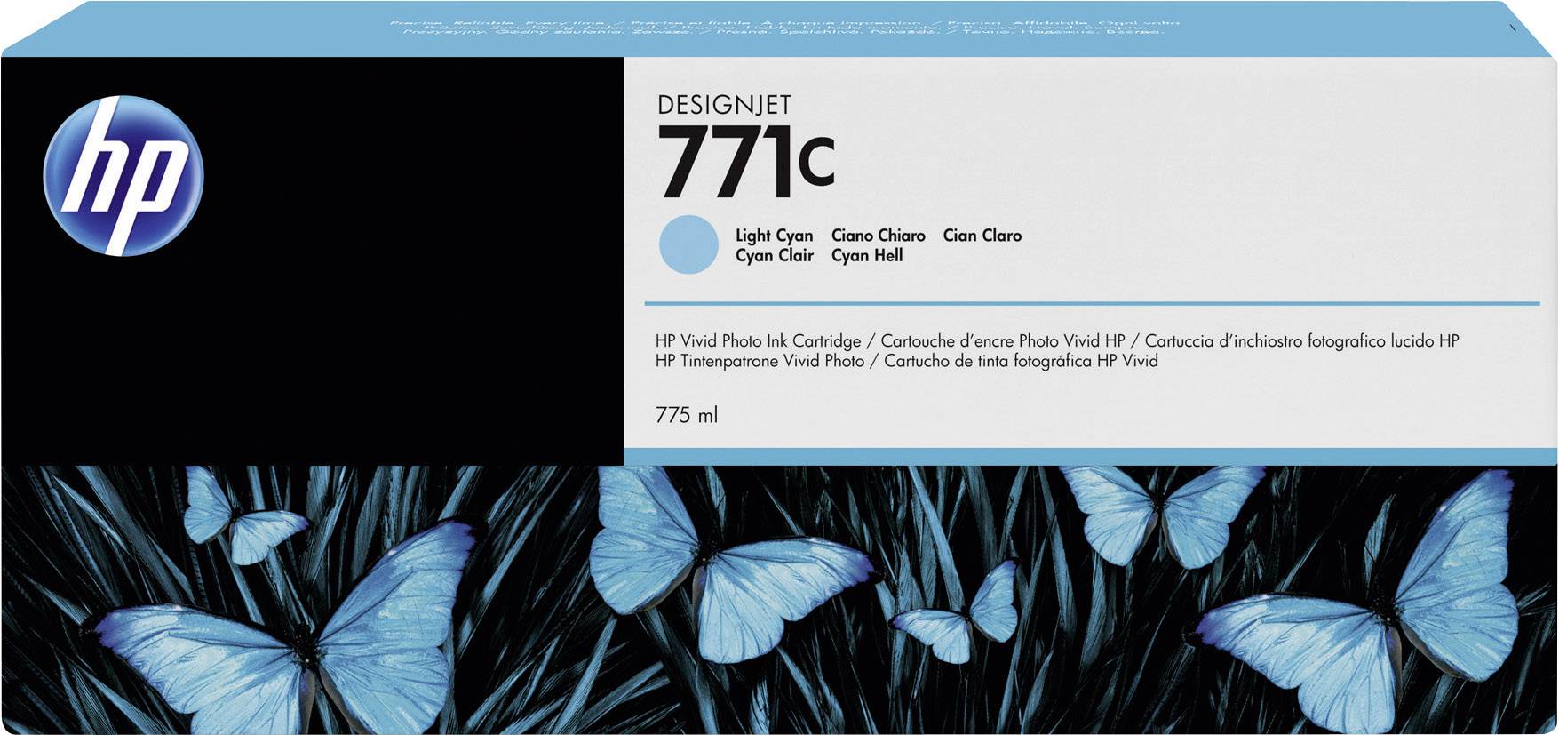Eine Verpackung von HP DesignJet 771c Tintenpatrone, hellcyan, 775 ml. Abgebildet sind Schmetterlinge auf einem dunklen Hintergrund.