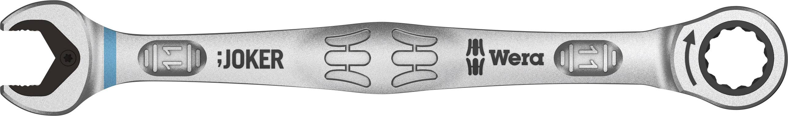 Ein silberner Maulschlüssel mit offenen und Ringschlüsse, Markenname 'Joker', Hersteller 'Wera', symmetrisches Design in der Mitte.