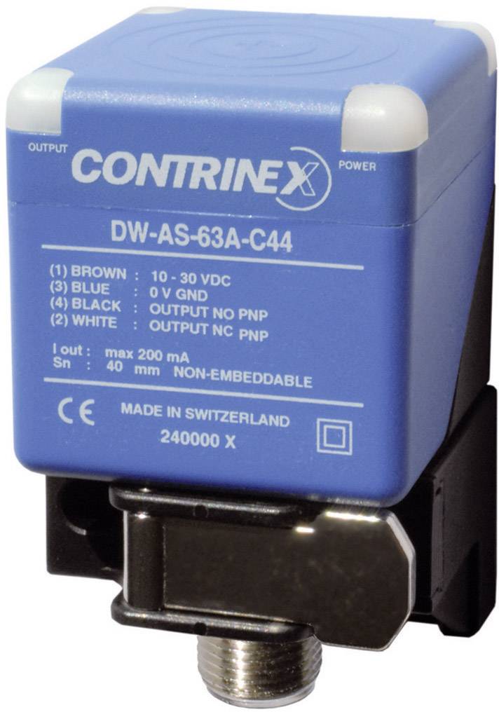 Ein blauer, rechteckiger Näherungsschalter von Contrinex, Modell 'DW-AS-63A-C44', mit Anschlussdaten auf der Vorderseite.