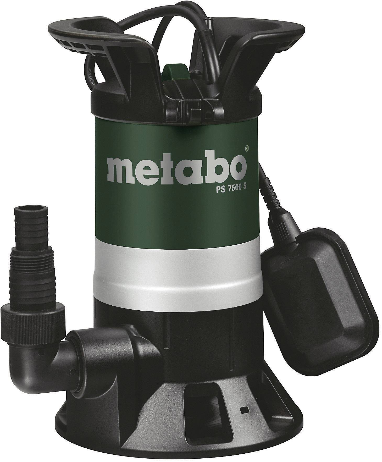 Tauchpumpe mit grünem Gehäuse und schwarzem Fuß, markiert mit 'Metabo PS 7500 S', geeignet für Wasserförderung.