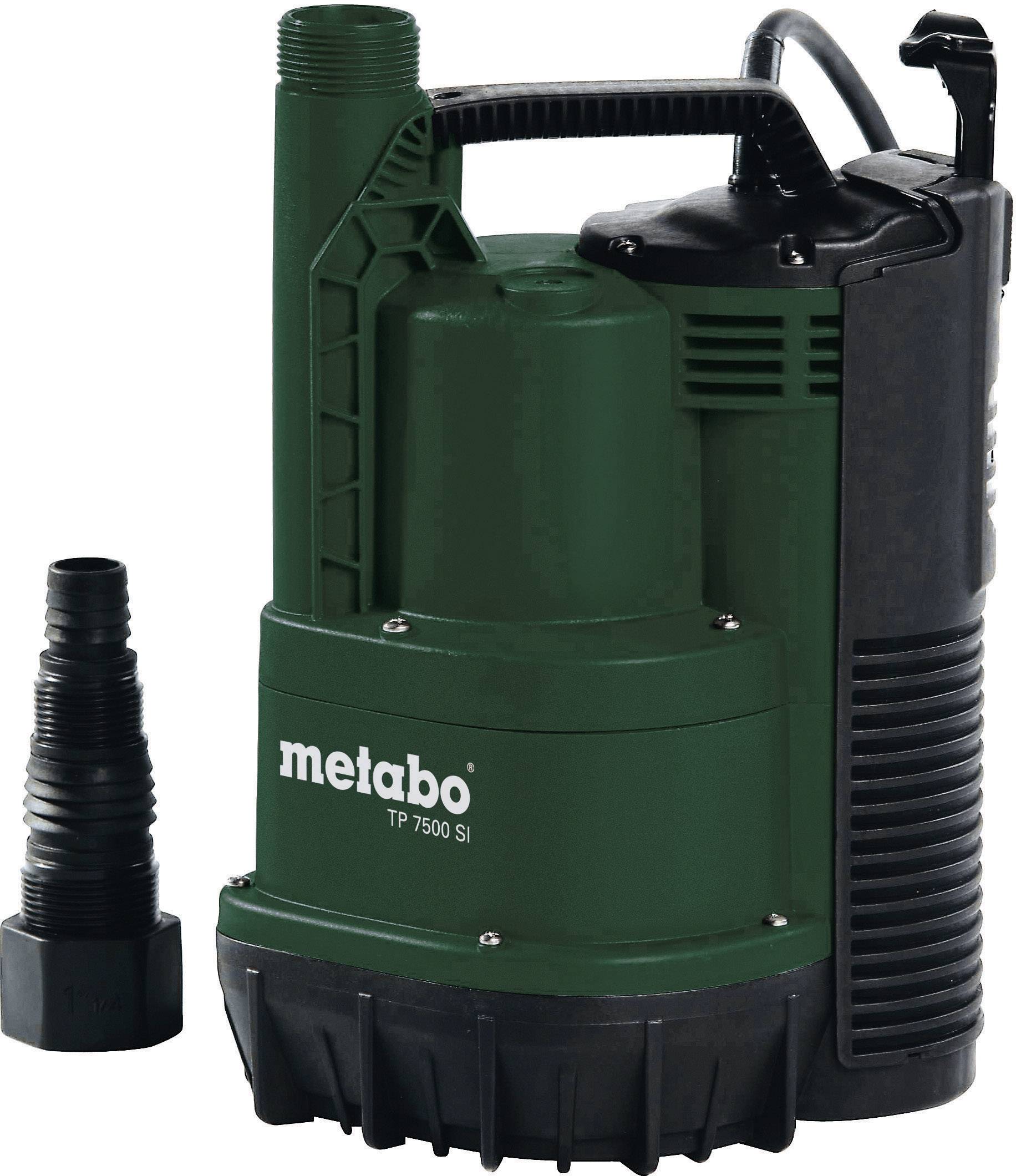 Tauchpumpe mit schwarzem und grünem Gehäuse, markiert mit 'metabo TP 7500 SI', geeignet für Wasserentleerung.