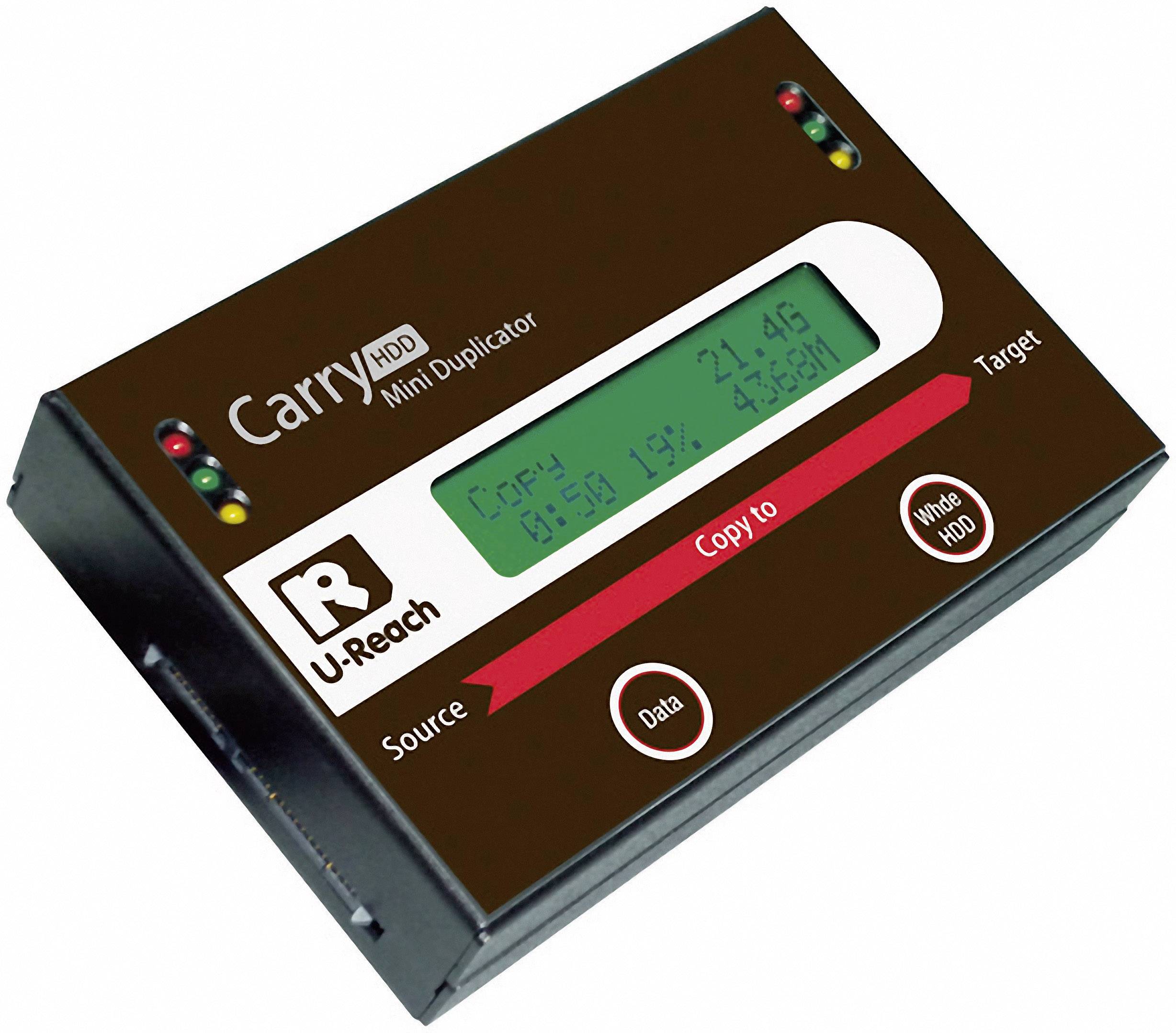 Ein Mini-Festplattenduplikator mit Display zeigt Kopierfortschritt: 'Copys 24:46', '50.19%'. Markennamen und Kontrollleuchten sind sichtbar.