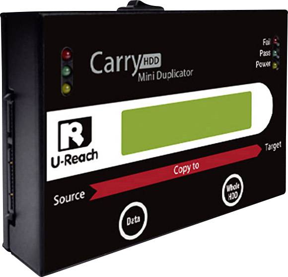 Ein schwarzer Mini-Duplikator mit grünem Display und farbigen LED-Anzeigen für 'Pass', 'Fail' und 'Power'. Text: 'Carry HDD'.