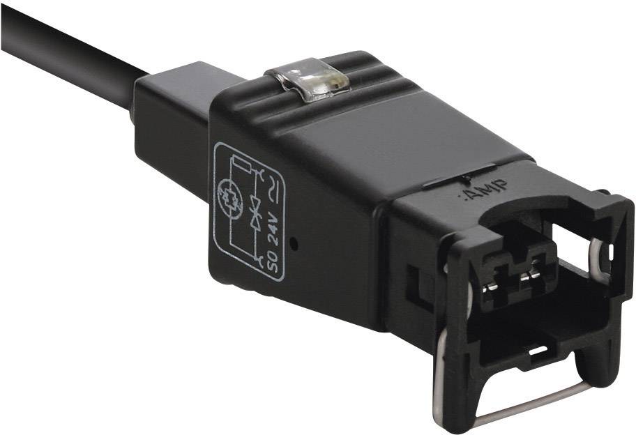 Schwarzer AMP-Stecker mit Ladekabel, zeigt elektrische Symbole und Kenndaten auf der Oberseite.