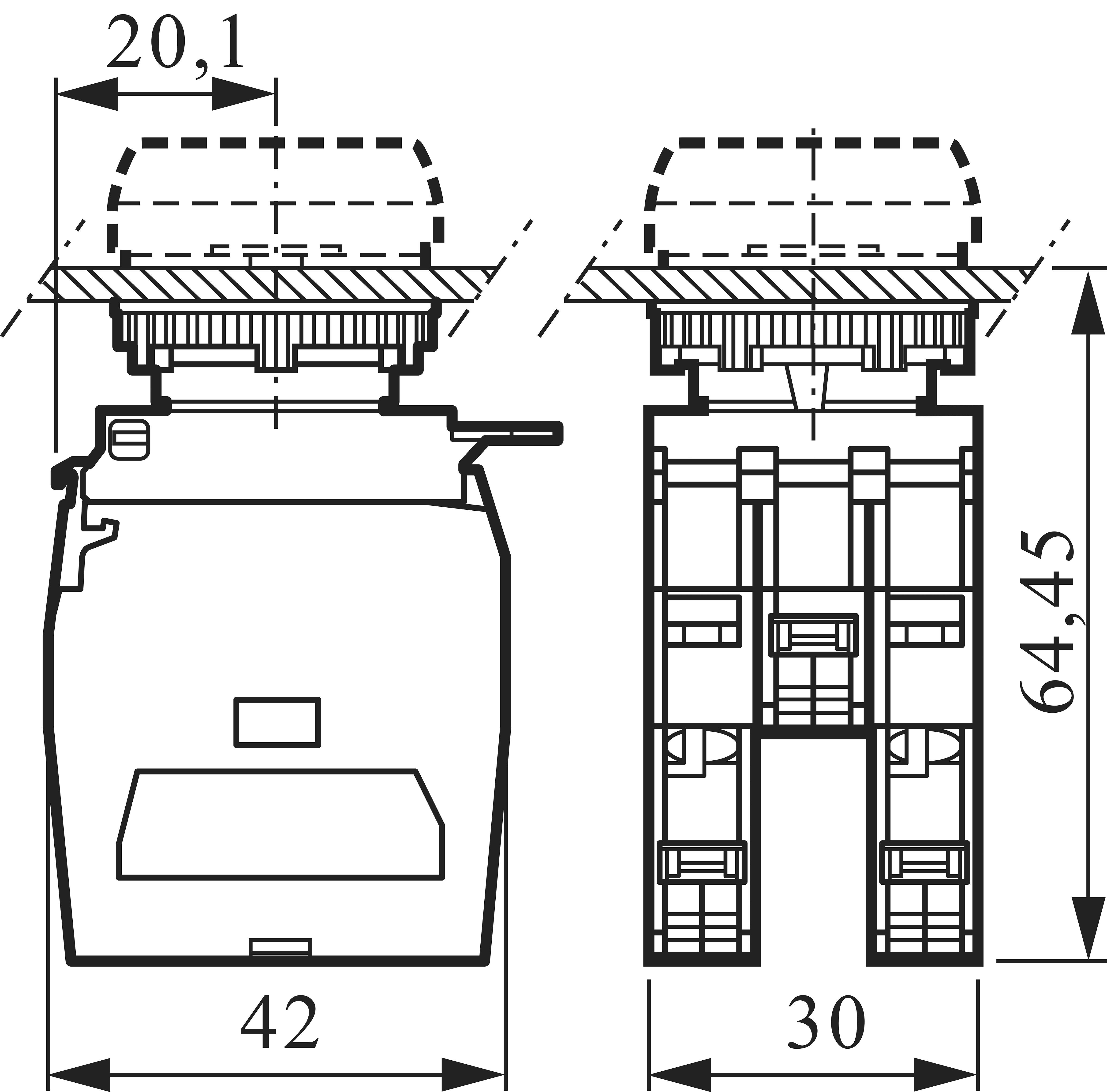 Technische Zeichnung eines elektrischen Schalters. Zeigt Vorder- und Seitenansicht mit Abmessungen: 20,1 mm, 42 mm, 30 mm, 64,45 mm.