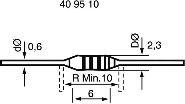 Technische Zeichnung eines Widerstands mit Abmessungen: Durchmesser 0,6 mm, 2,3 mm; Widerstandsbereich mindestens 10 mm; Länge 6 mm.