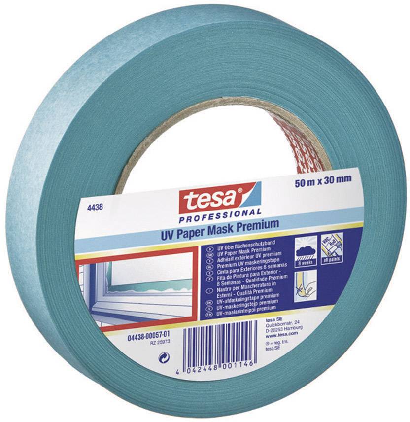 Eine Rolle blaues Abdeckband mit Etikett 'tesa Professional UV Paper Mask Premium', 50m x 30mm, für Malerarbeiten.