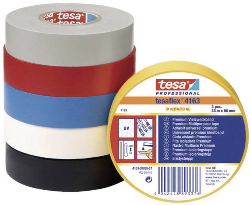 Eine Rolle tesa Professional tesaflex 4163 Premium in Gelb, neben vier weiteren in Grau, Rot, Blau, Weiß und Schwarz. 33 m x 50 mm.