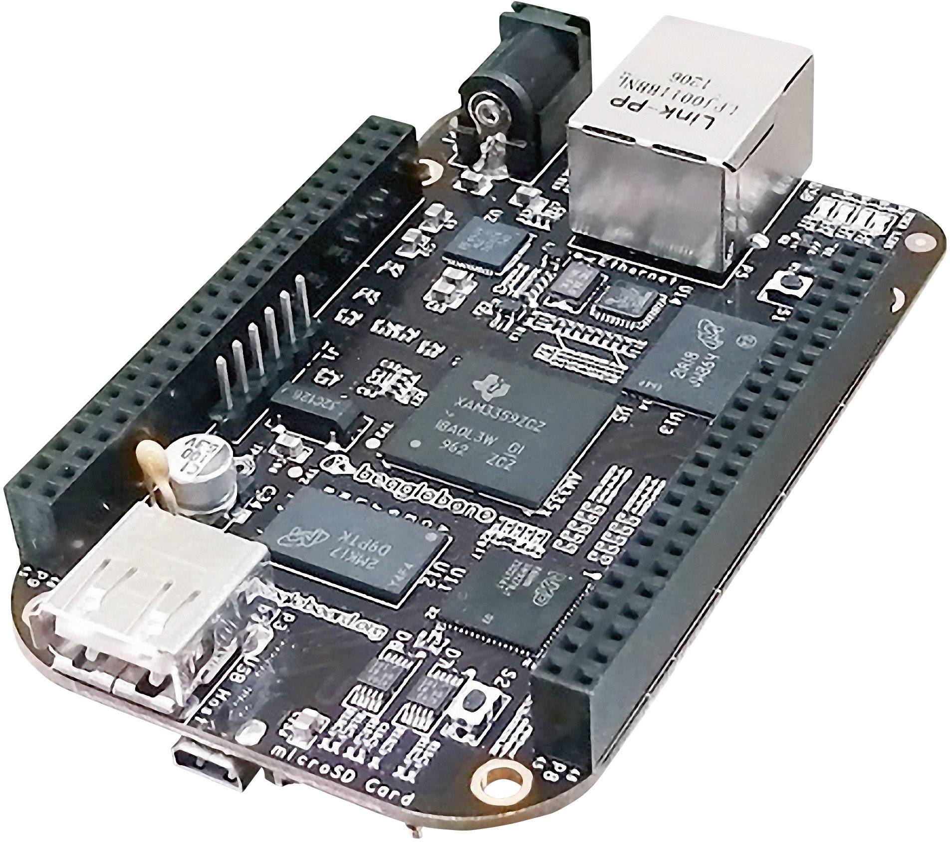 Ein Einplatinencomputer mit Anschlüssen für Ethernet, USB und Speicherkarten. Beschriftung auf der Platine: 'beaglebone'.