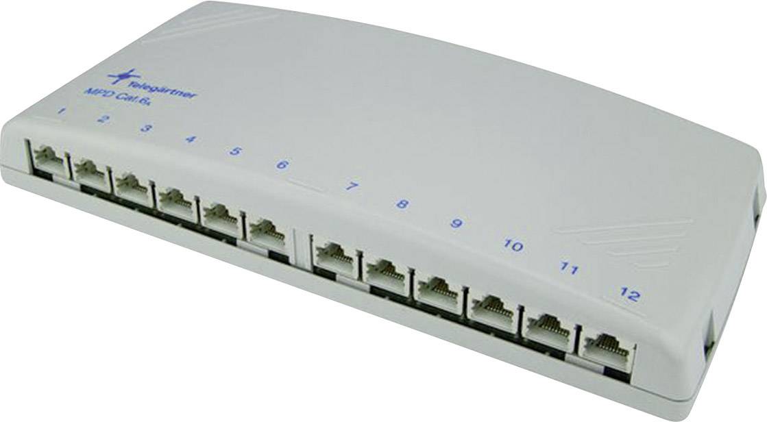Ein weißer Netzwerk-Switch mit 12 Ethernet-Ports, nummeriert von 1 bis 12, auf der Vorderseite.
