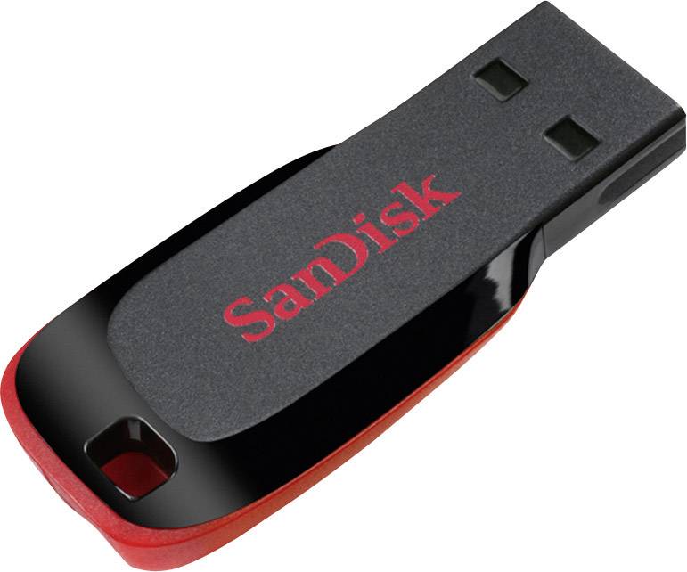 Ein schwarzer und roter USB-Stick der Marke SanDisk.
