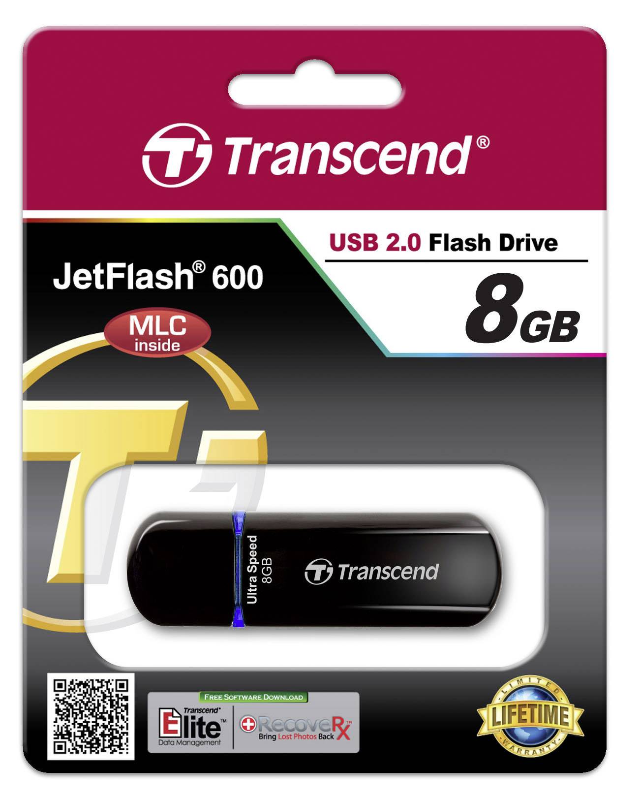 USB-Stick Transcend JetFlash 600, 8 GB, USB 2.0, in Verpackung. Enthält Software für Datensicherung. Lifetime Garantie.