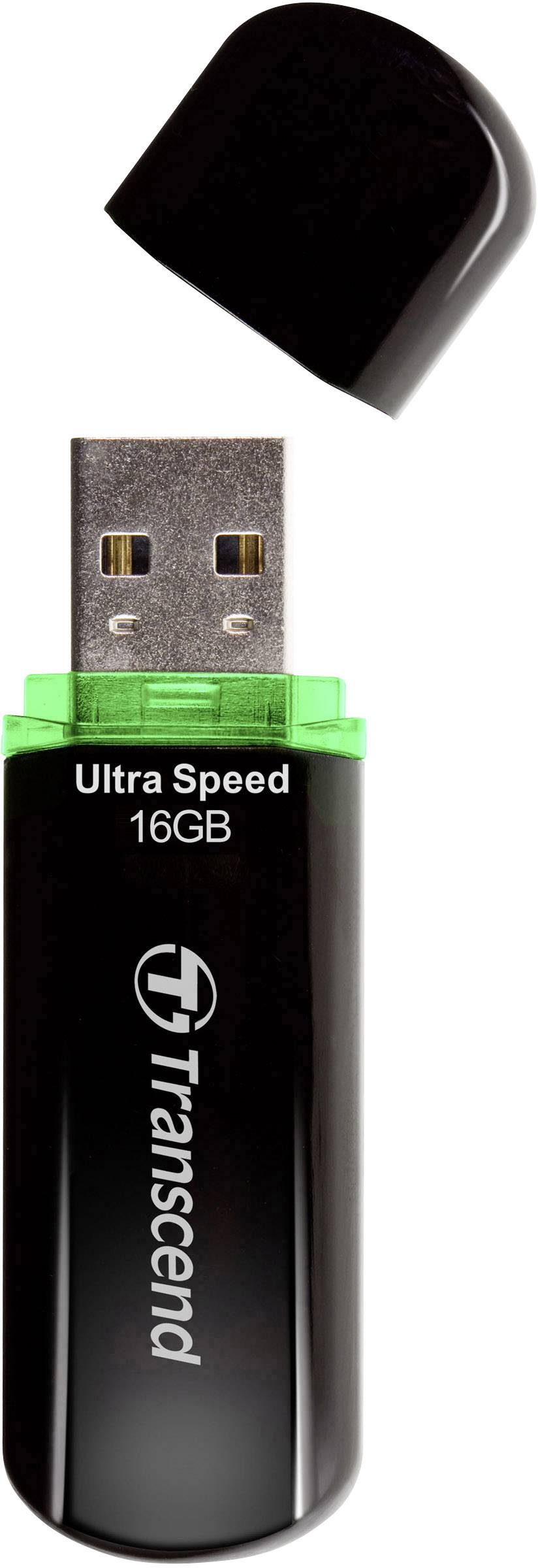 Ein schwarzer USB-Stick mit grünem LED-Teil und der Aufschrift 'Ultra Speed 16GB' von Transcend, die Kappe ist abgenommen.