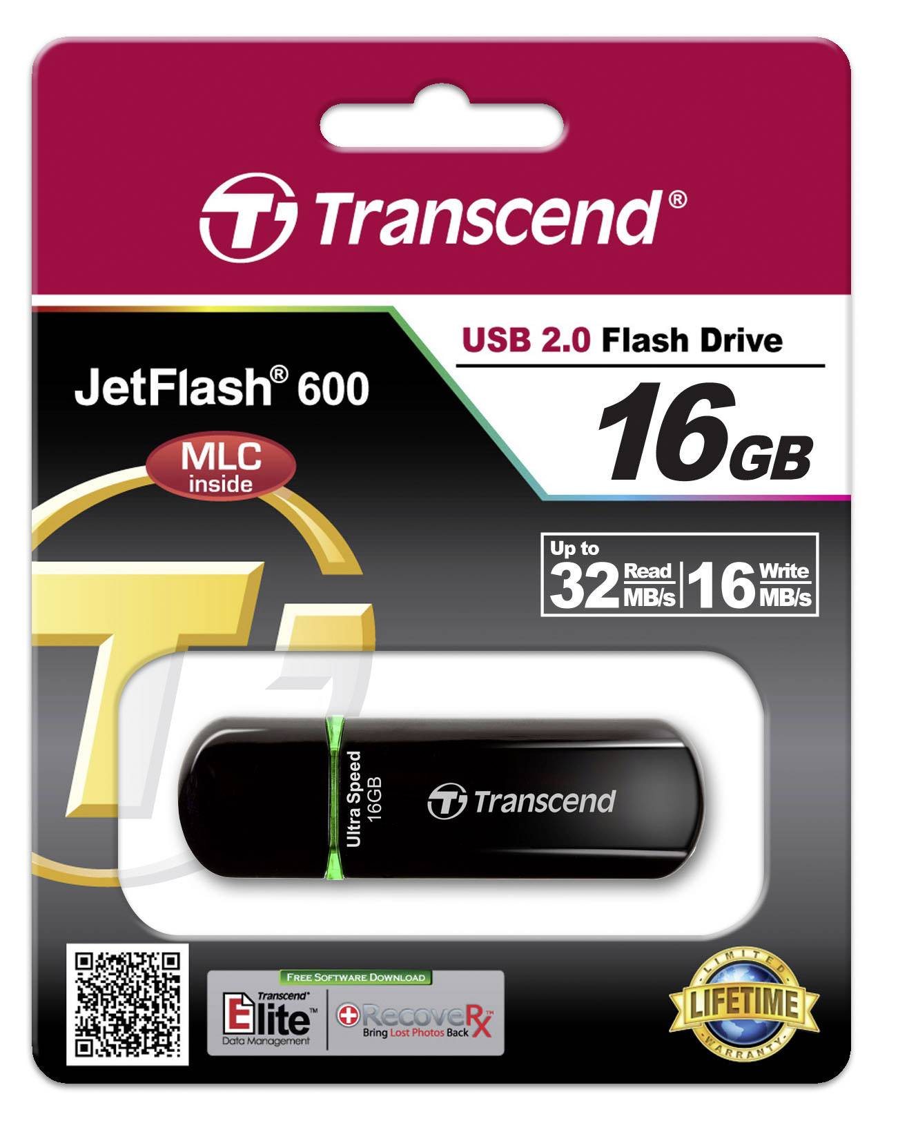 Ein schwarzer Transcend JetFlash 600 USB 2.0 Flash-Laufwerk mit 16 GB Speicherplatz, markiert mit Lesegeschwindigkeiten bis zu 32 MB/s.