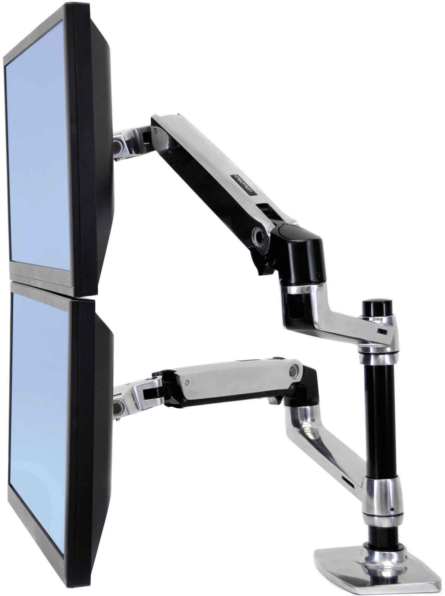 Zwei Monitore übereinander auf einem verstellbaren, metallisch glänzenden Halterungsarm montiert, seitliche Ansicht.