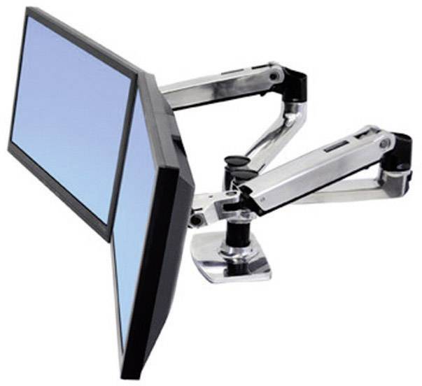 Zwei schwenkbare Monitorarme mit befestigten Bildschirmen auf einem Tisch. Die Arme sind aus Metall und verstellbar.