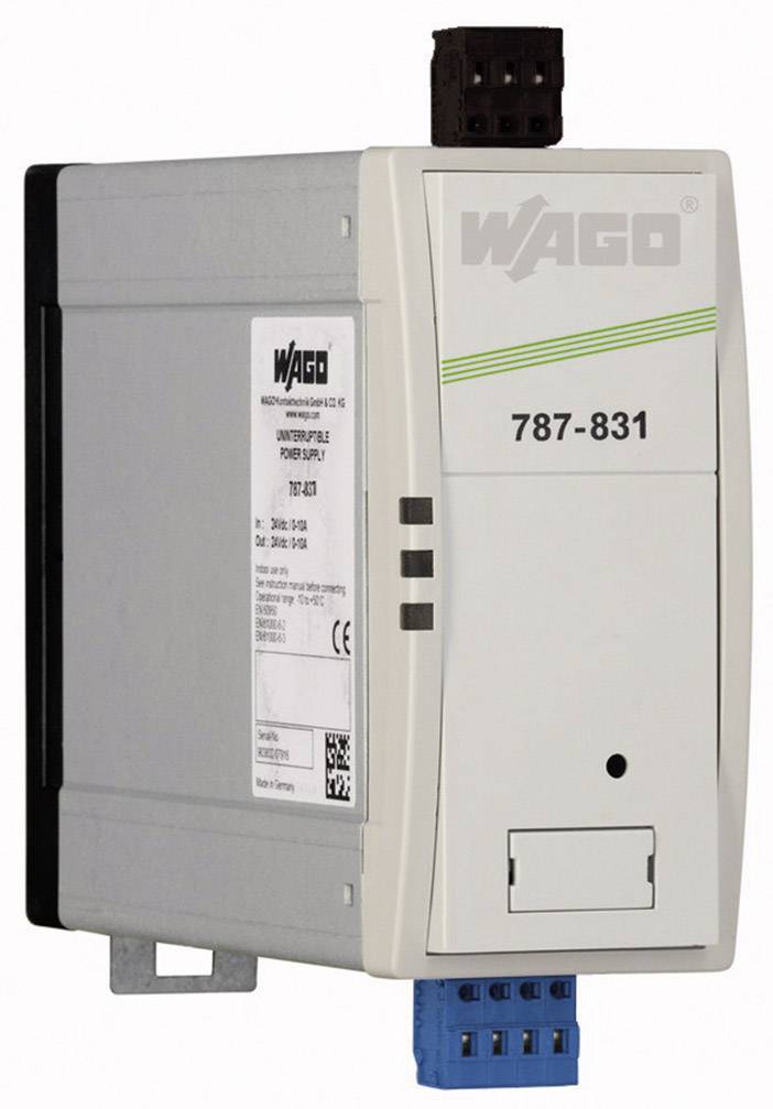 Industrienetzteil WAGO 787-831. LED-Anzeigen, Anschlussklemmen oben und unten. Rechteckiges Metallgehäuse, technische Spezifikationen sichtbar.