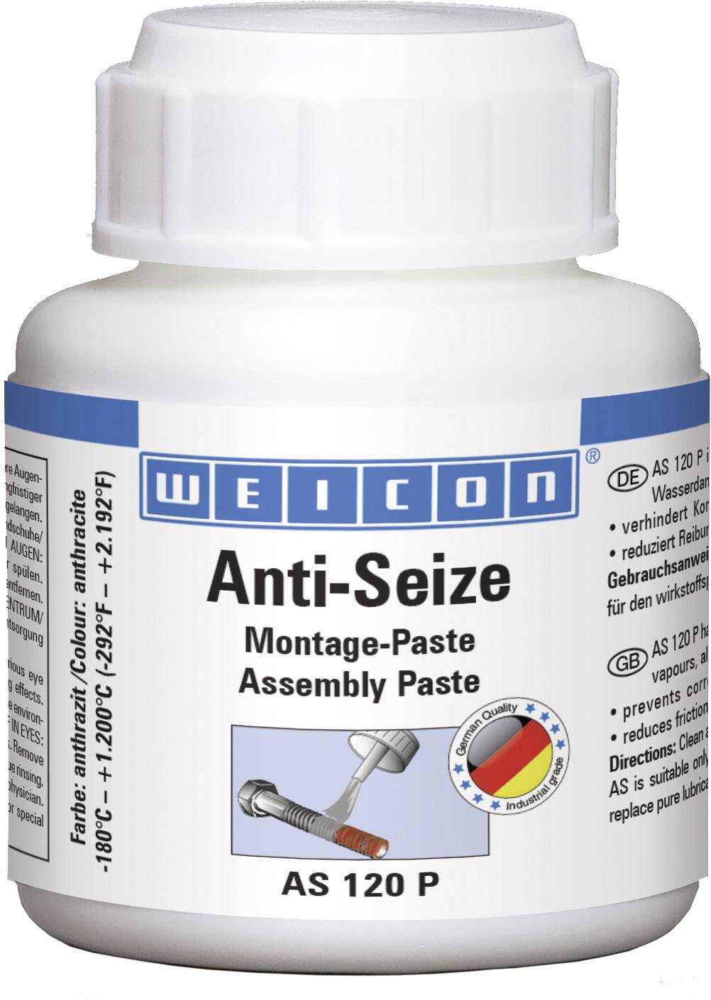Dose mit 'Weicon Anti-Seize Montage-Paste', Schild zeigt Anwendungsbereich für hohe Temperaturen.