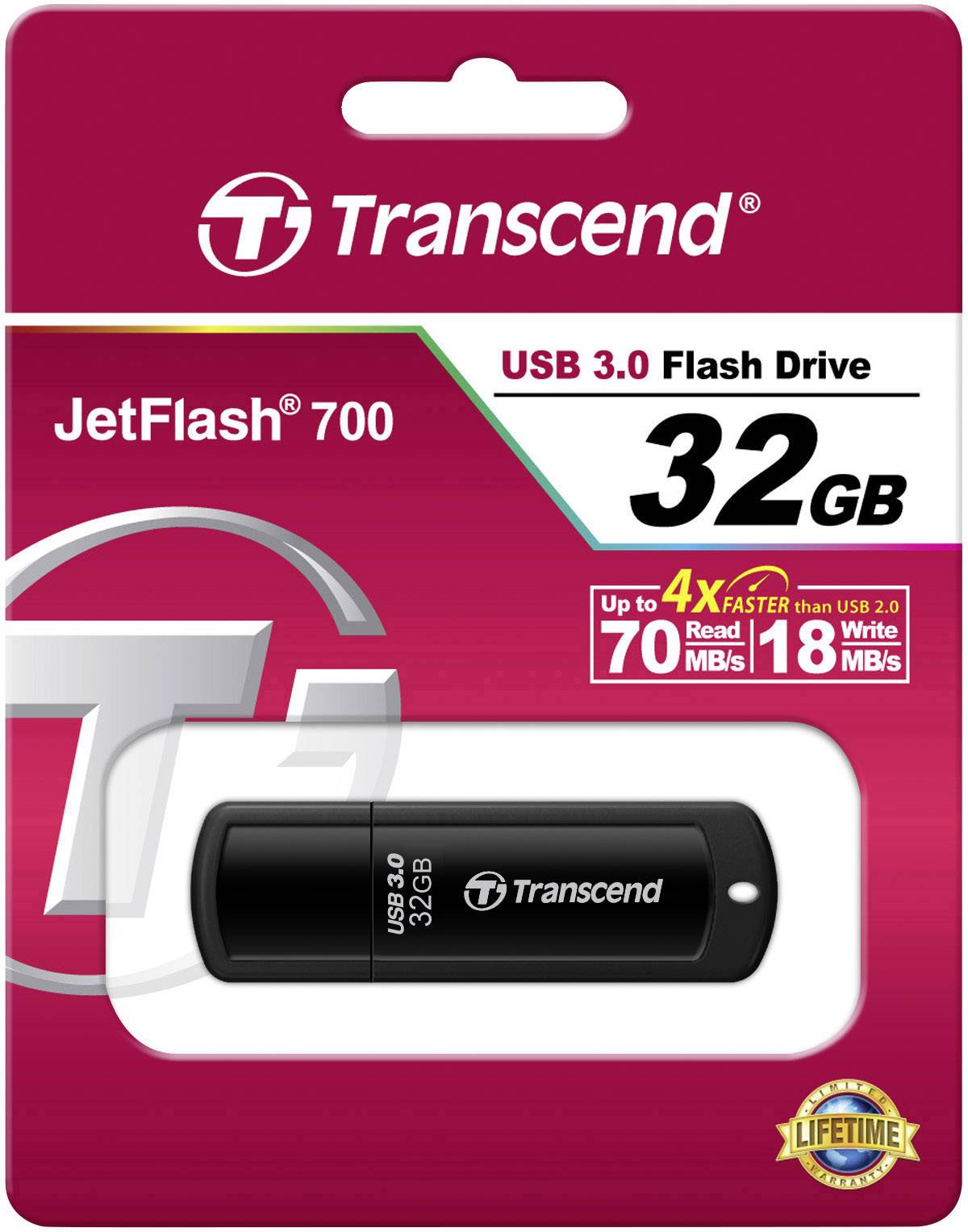 Transcend USB 3.0 JetFlash 700 Flash-Laufwerk, 32 GB. Geschwindigkeit: Lesen bis 70 MB/s, Schreiben bis 18 MB/s, rot-schwarze Verpackung.